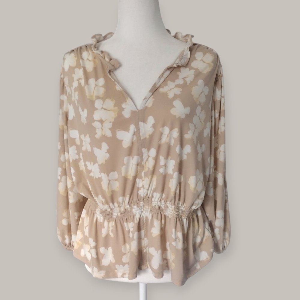 Simply Vera Wang Beige Floral Peplum Blouse Size Large